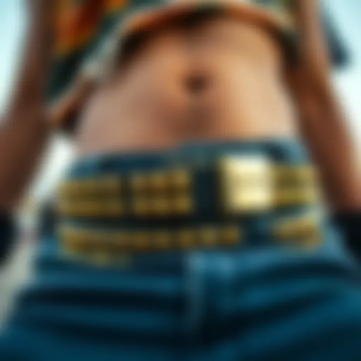 A close-up of a gold studded belt on a skateboarder