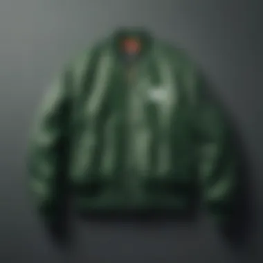 A stylish green bomber jacket displayed on a minimalist background, showcasing its design details.