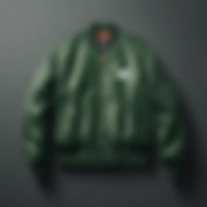 A stylish green bomber jacket displayed on a minimalist background, showcasing its design details.