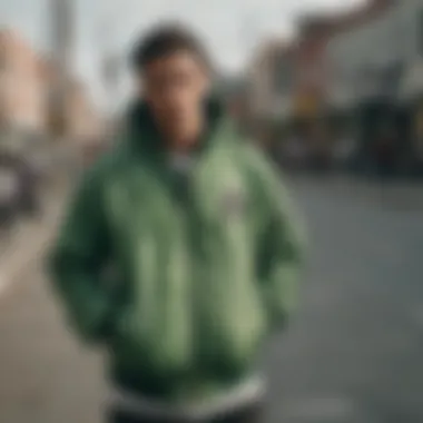 An urban setting featuring individuals wearing green bomber jackets, reflecting its influence in skate culture.