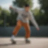 A skater performing a trick while wearing a hoodless sweatshirt, showcasing the garment's practicality and style.