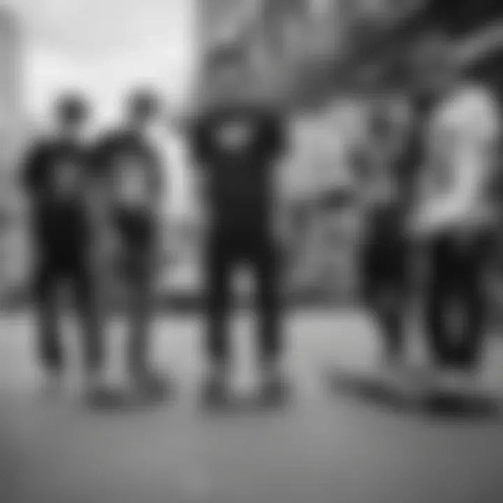 A group of skateboarders wearing stylish black and white graphic tees in an urban setting.