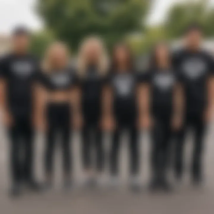 A group of friends in a skate park showcasing different styles of black crop t-shirts