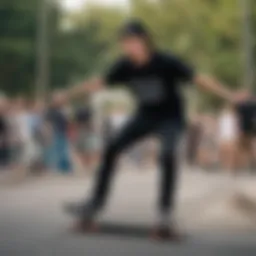 A skateboarder wearing a stylish black crop t-shirt while performing a trick