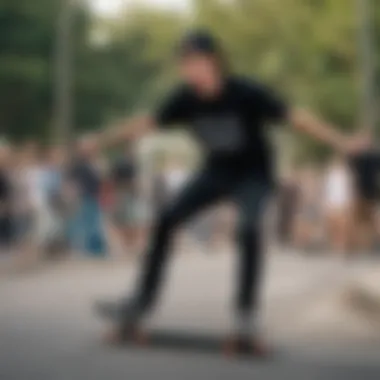 A skateboarder wearing a stylish black crop t-shirt while performing a trick