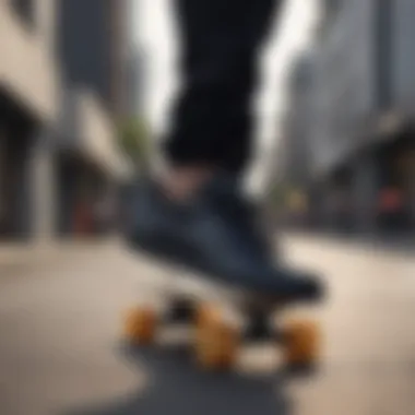 A close-up of all black Reebok Classics on a skateboard.