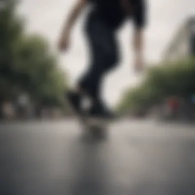 A skateboarder performing a trick while wearing black Reebok shoes.