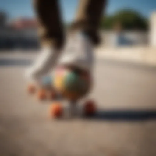 A colorful footbag resting on a skateboard, showcasing the synergy between the two cultures.