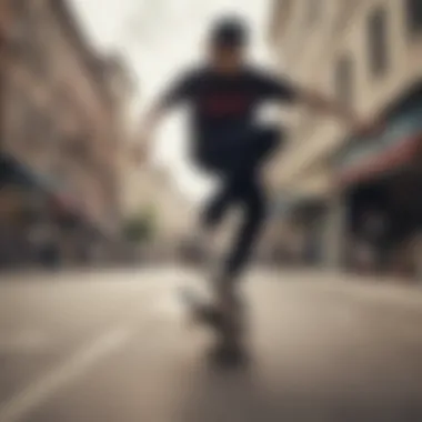 Skateboarding Tricks in Urban Landscape A skateboarder practicing tricks in an urban setting