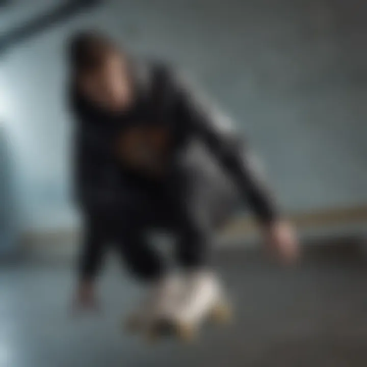 A skateboarder wearing a leather jacket with a hoodie in motion.