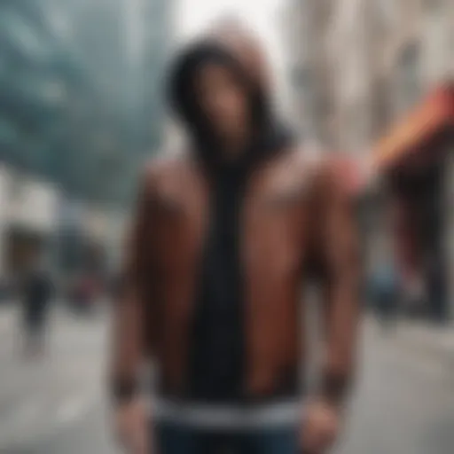 A stylish leather jacket with a hoodie showcased against an urban backdrop.