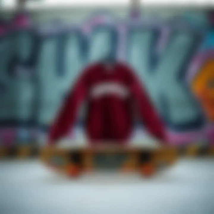Maroon Crewneck and Skateboard Art A maroon crewneck displayed on a skateboard deck against a graffiti backdrop