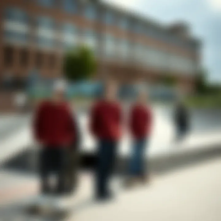 Skate Park Scene with Maroon Crewnecks A group of skateboarders wearing maroon crewnecks in an urban skate park setting