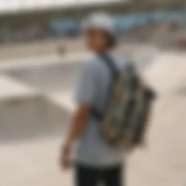 A skateboarder using the Adidas crossbody bag at a skate park