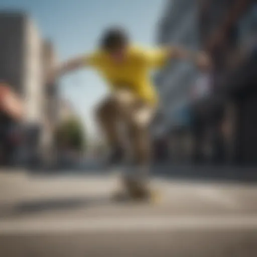 A skateboarder wearing a neon yellow belt performing a trick.