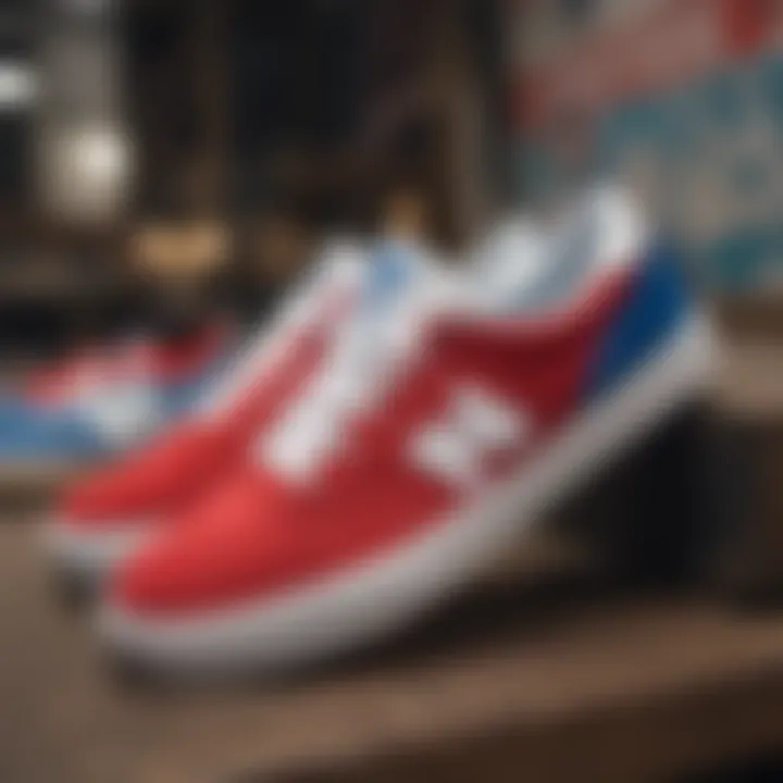 A collection of New Balance skate shoes in various red, white, and blue designs