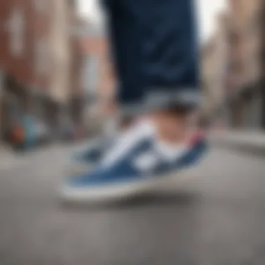 Artistic representation of New Balance skate shoes against an urban backdrop