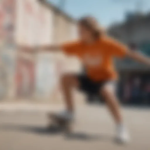 A skater performing tricks in a vibrant crop top tee