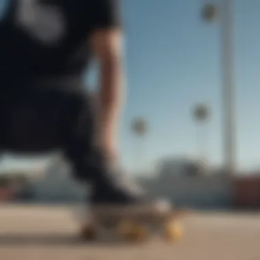 Close-up of a plain black crop top on a skateboard