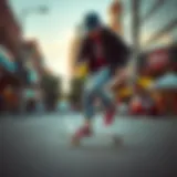 A skateboarder demonstrating skate walking technique on a vibrant urban street