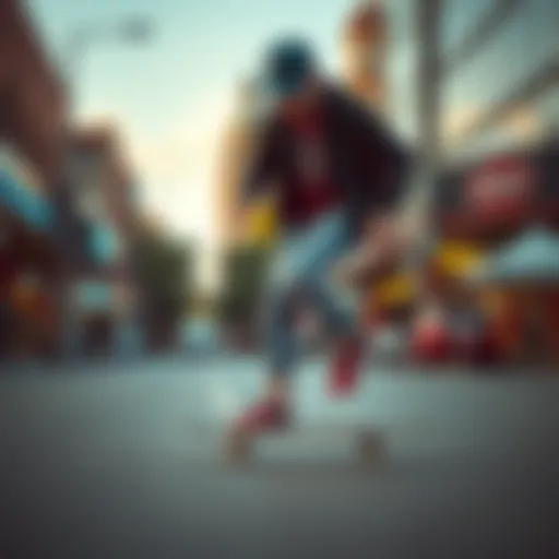 A skateboarder demonstrating skate walking technique on a vibrant urban street