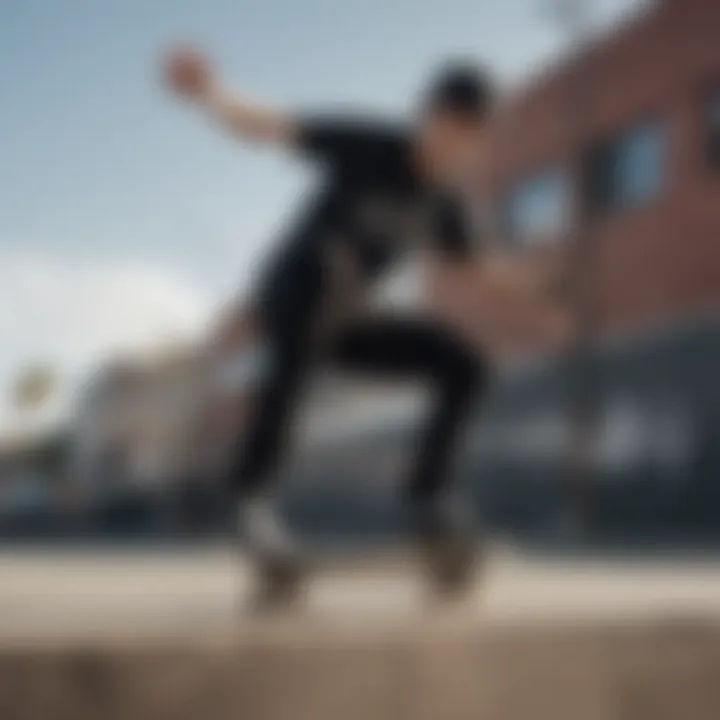 A skateboarder performing tricks wearing black jeans