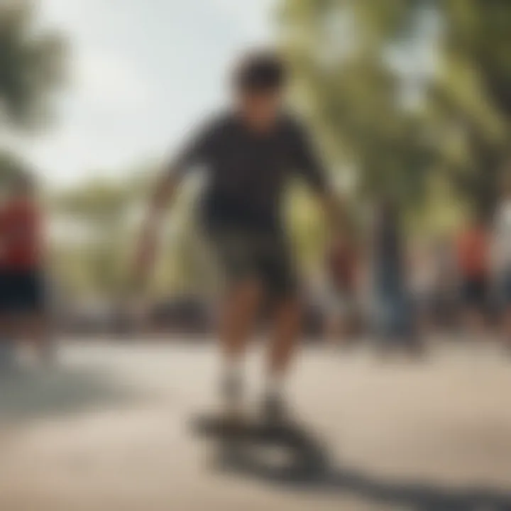 Outdoor scene with individuals enjoying skateboarding while wearing camo shorts