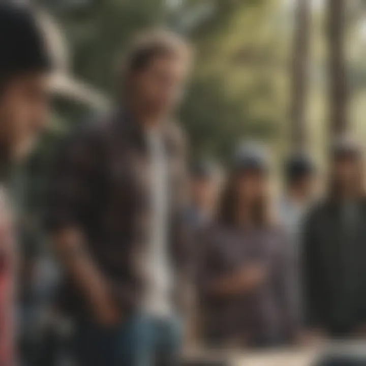 A group of friends enjoying a casual outdoor gathering, all wearing flannel shirts.