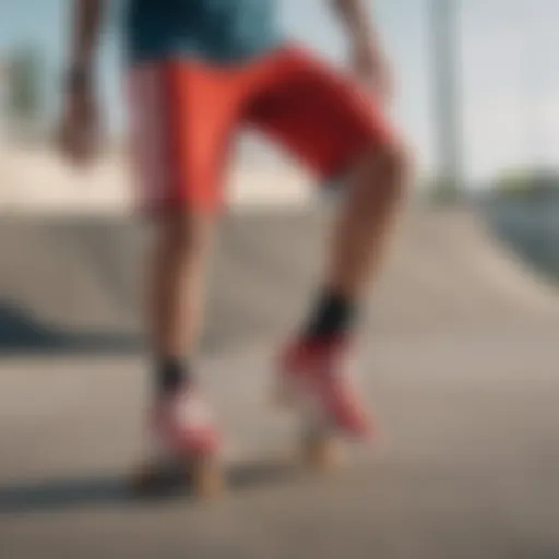 A skater showcasing versatility in red Adidas shorts while performing tricks