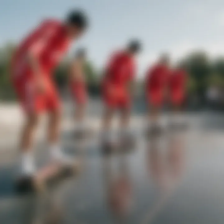 A group of skaters wearing red Adidas shorts in an urban skate park setting