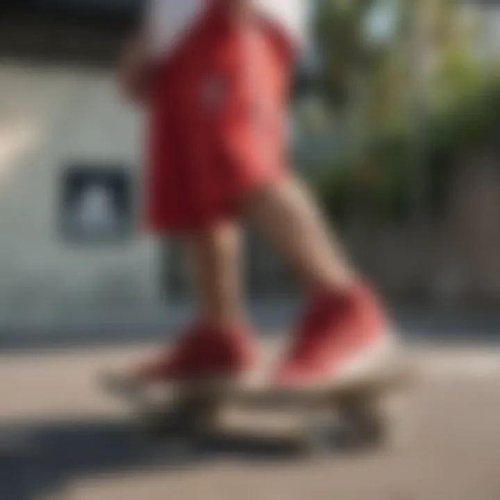 A stylish streetwear outfit featuring red Adidas shorts paired with skate shoes