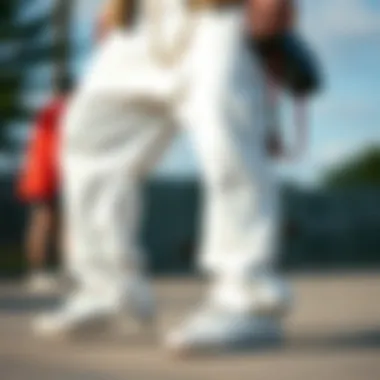 Close-up of accessories paired with white baggy pants to enhance style