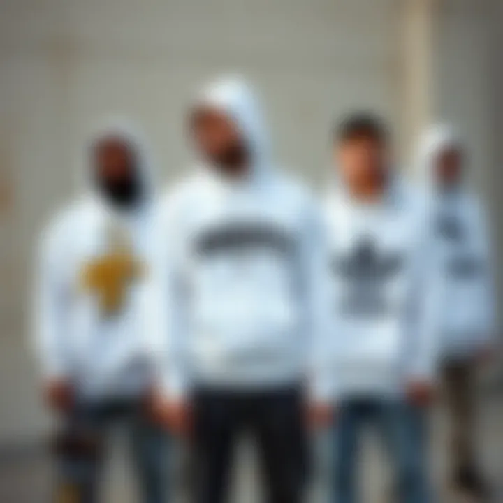 Group of skaters showcasing diverse designs of white hooded long sleeve shirts
