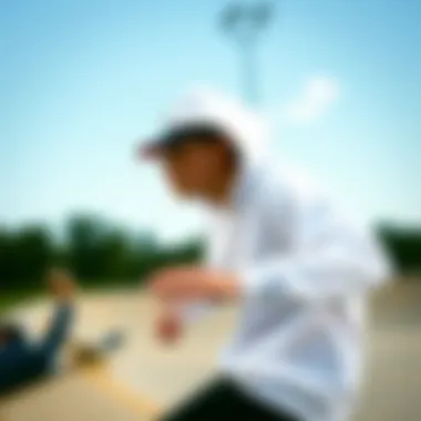 Skate park scene illustrating the integration of white hooded long sleeve shirts in action