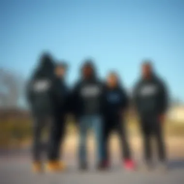 Group of friends wearing Zildjian hoodies, enjoying a day at the skate park