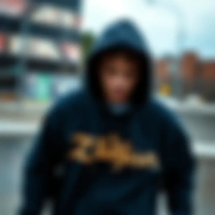 Skater wearing the Zildjian hoodie in an urban skate park setting