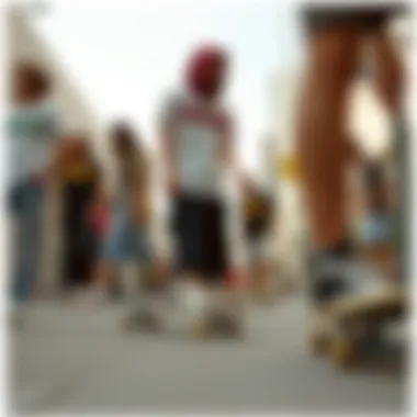 A street scene featuring skateboarders wearing Thrasher shoes, illustrating the cultural influence