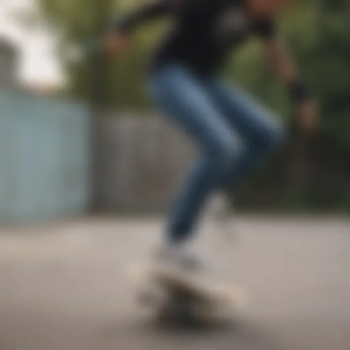 Skateboarder wearing tight skinny jeans performing a trick