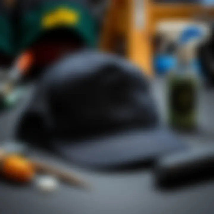 Maintenance tools and tips displayed alongside a black and grey trucker hat