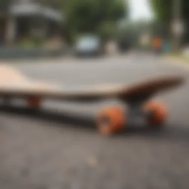 Close-up of longboard trucks showcasing their design and construction.