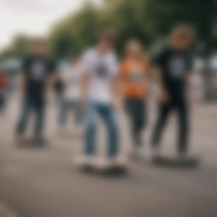 Group of friends in drop tail t-shirts engaged in skateboarding