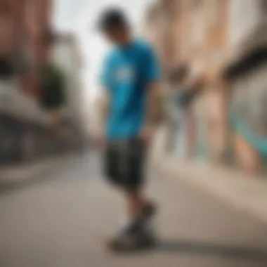 Skater wearing a drop tail t-shirt in an urban setting