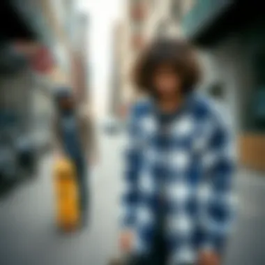 Stylish urban setting with skateboarders and flannel shirts