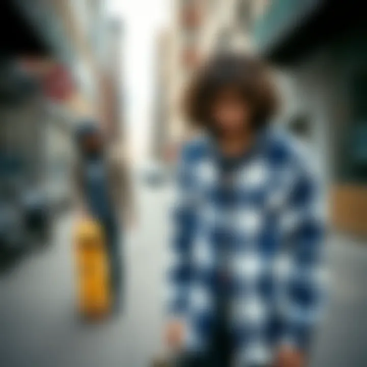 Stylish urban setting with skateboarders and flannel shirts