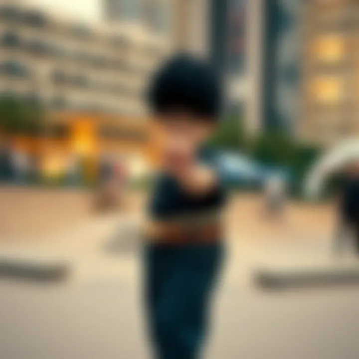 An urban skate park scene highlighting fashion and identity with the gold studded belt