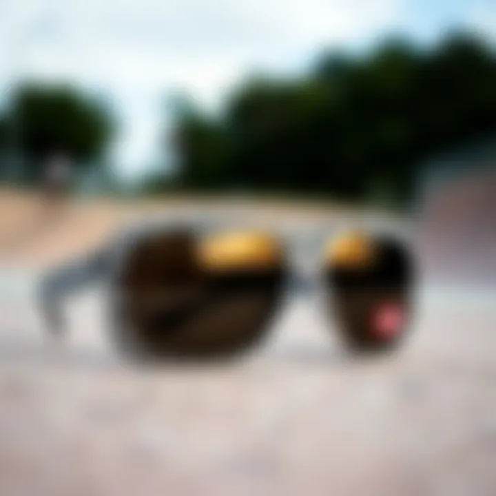 Close-up of checkerboard sunglasses in a skate park setting