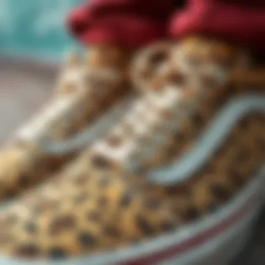 Close-up of the intricate leopard print pattern on Vans sneakers