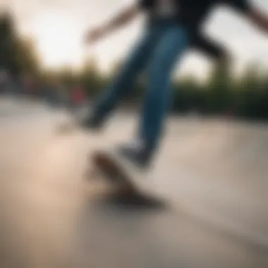 Skaters in Action with Vans Platform Slip-Ons Skaters performing tricks while wearing Vans platform slip-on shoes at a skate park.