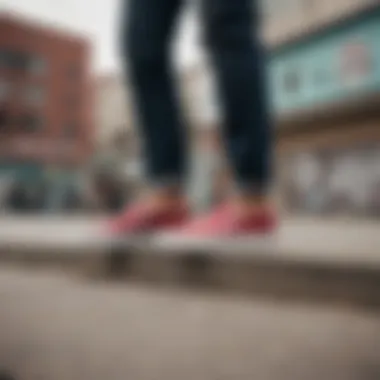 A stylish individual wearing Vans platform slip-on shoes in an urban setting.