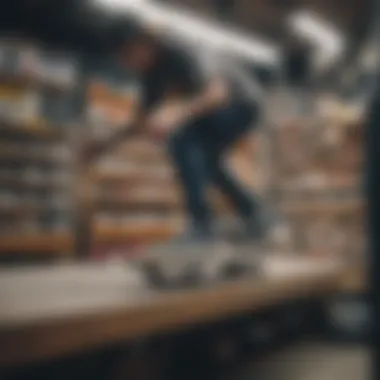 Skateboarder trying on Vans shoes in a store